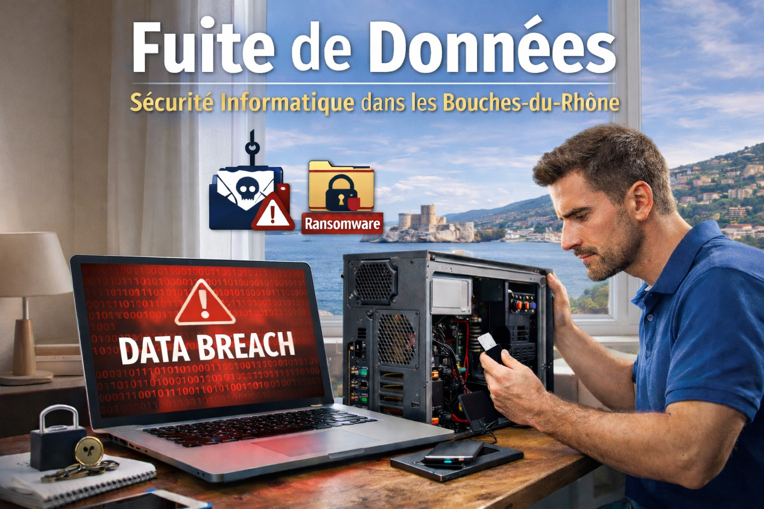 Fuite de données à domicile dans les Bouches-du-Rhône, technicien informatique sécurisant un PC à Martigues et Miramas